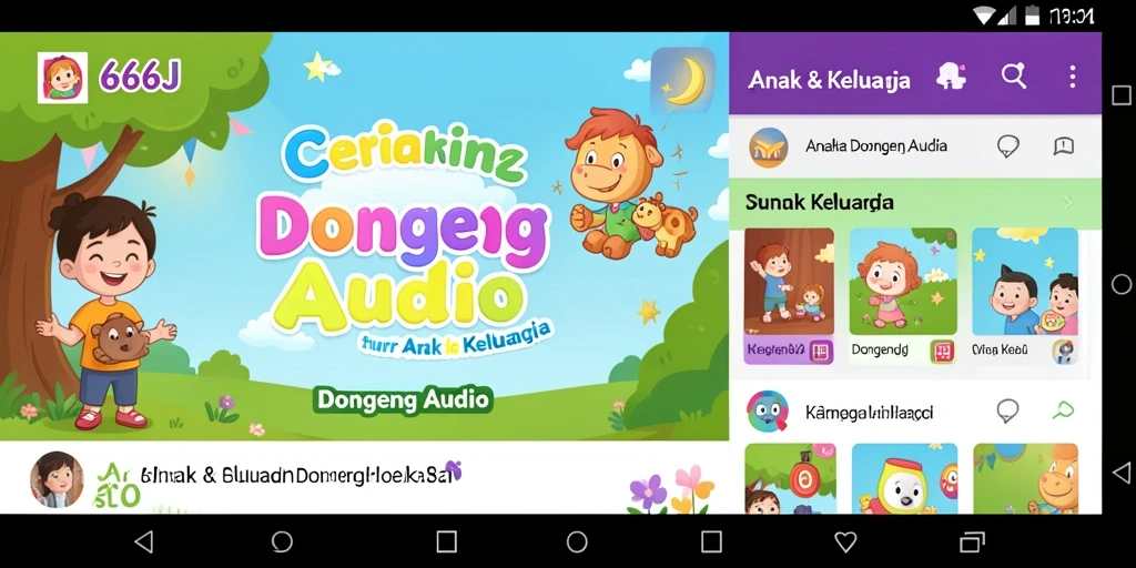 Tampilan antarmuka aplikasi 666J dengan berbagai pilihan dongeng audio.