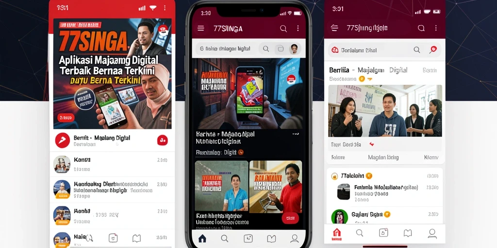 Screenshot antarmuka aplikasi 77SINGA dengan tampilan majalah digital.