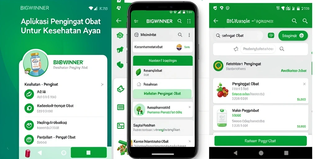 Tampilan antarmuka aplikasi BIGWINNER dengan fungsi Pengingat Obat.