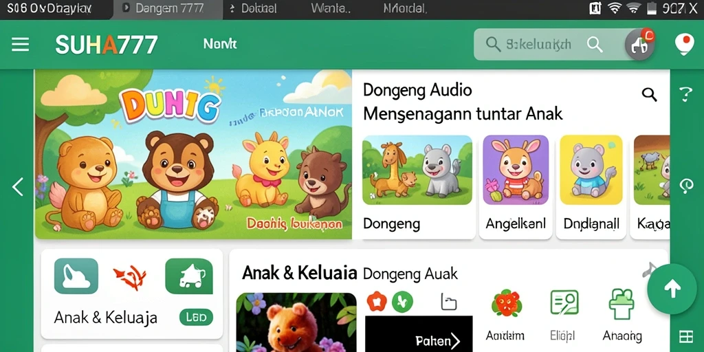 Tampilan antarmuka SUHU777 yang ramah anak untuk mendengarkan dongeng audio.